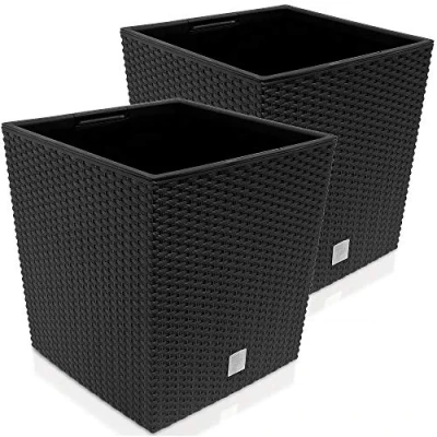 Image of Deuba® Set of 2 Plant Pots 35 Litres Each Weatherproof Rattan Look Inner Planter Convenient Handles Indoor &amp; Outdoor Versatility Stylish Flower 32 x 33cm Anthracite