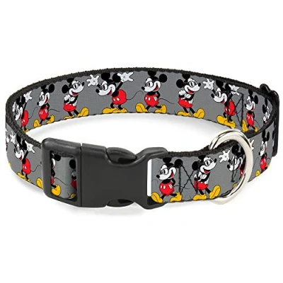 Image of Buckle Down Plastic Clip Collar Mickey Mouse w/Glasses Poses Gray 1&quot; Wide Fits 15 26&quot; Neck Large