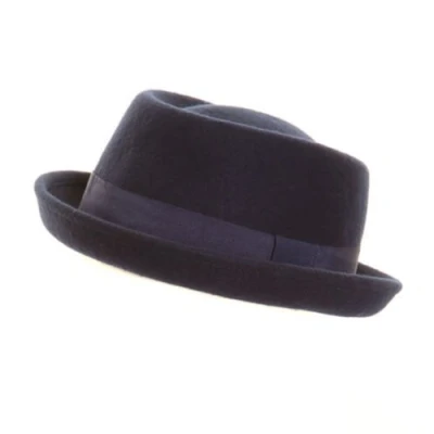 Image of Gents Ladies Unisex 100% Wool Felt Porkpie Trilby Hat with Band New (57cm, Navy)