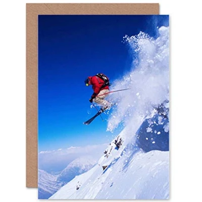Image of Wee Blue Coo SKIER SKI JUMPING SNOW SPORT SKY PHOTO BIRTHDAY BLANK GREETINGS CARD CP1264