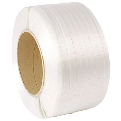 Image of 1 Large Coil Of Strong 12mm Wide White Plastic Machine Pallet Strapping Banding 3000 Metres Per 145kg Brake/Strength Polypropylene Polyprop Strap