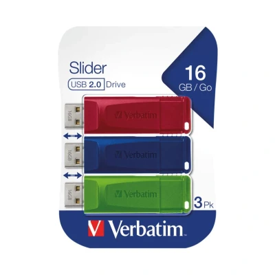 Image of Verbatim Slider USB flash drive multipack 16GB 2.0 3x memory stick laptop notebook ultrabook TV car stereo data with sliding mechanism red blue green