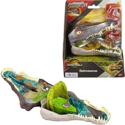Image of ​Mattel Jurassic World Rebirth Micro Adventure Playset, Spinosaurus Head Opens to 4 Interactive Features, 3 Figures, Dinosaur Toy, JGB98