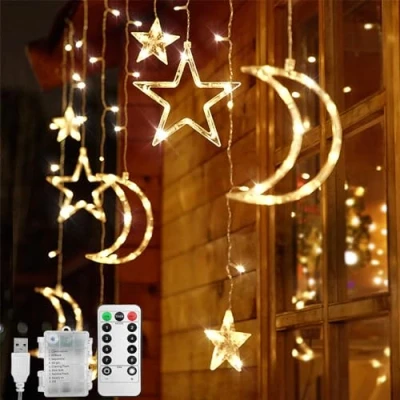 Image of Jsdoin LED String Lights 3.5m Star Moon Curtain with 8 Flashing Modes Decoration for Christmas, Wedding, Party, Home, Terrace, Lawn,USB/Battery Powered (B Warm White)