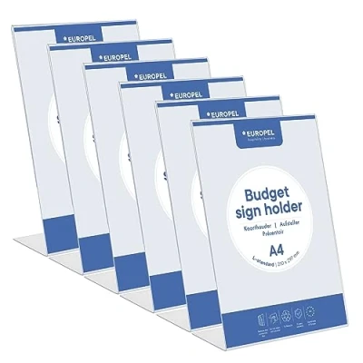Image of Europel Budget Table Stands, Pack of 6 pcs, L Stand, DIN A4 High, Crystal Clear Polystyrene 1.5 mm, Menu &amp; Brochure Stands for Restaurants, Hotels, Conference Reception