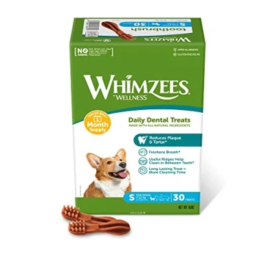 Image of WHIMZEES By Wellness Toothbrush, Month Box, Natural and Grain Free Dog Chews, Dental Sticks for Small Breeds, 30 Pieces (One Supply), Size S