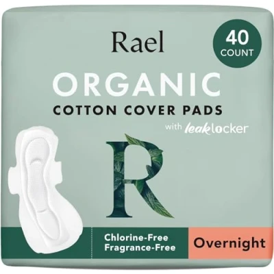 Image of Rael Organic Cotton Cover Sanitary Towels Heavy Absorbency for Night, Ultra Thin Period Pads with Wings Women, Unscented, Hypoallergenic, Vegan, Bulk Buy (Overnight, 40 Count)