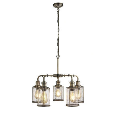Image of Pipes 5 Light Pendant Antique Brass, Glass Shade, E27