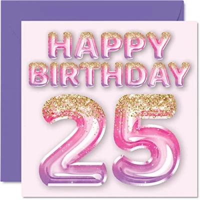 Image of 25th Birthday Card for Women Pink &amp; Purple Glitter Balloons Happy Cards 25 Year Old Woman Daughter Sister Auntie Cousin, 145mm x Twenty Five Fifth Greeting Gift