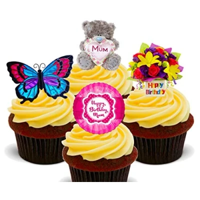 Image of Made4You Happy Birthday Mum Edible Cupcake Toppers Stand up Wafer Cake Decorations (Pack of 12)
