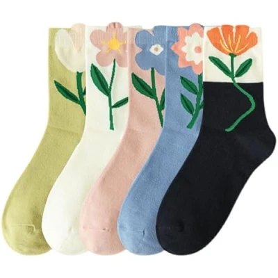 Image of RosyClouds Womens Cute Cotton Crew Socks for Women and Girls, 5 Pairs Flower Sports Daily Wear, flowers, One size