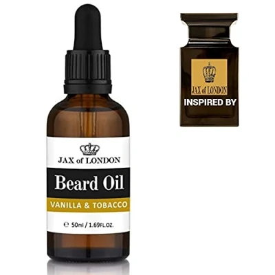 Image of Jax of London Vanilla Tobacco beard oil for Men 50ml, care oil, growth Men, Consists Vitamin E, Avocado, Almond &amp; Jojoba Luxury scented Men’s Cologne fragrance