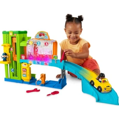 Image of Fisher Price Little People Toddler Toy Light Up Learning Garage Playset with Smart Stages, Car &amp; Ramp for Pretend Play Kids Ages 1+ Years