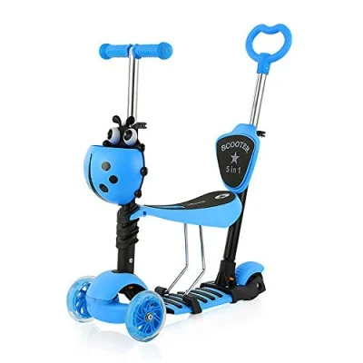 Image of Dripex 5 in 1 Kids Scooter Toddler with Flashing Led Light Up Wheels 3 Kick Adjustable Handlebar Removable Seat and Push Handle (Blue)
