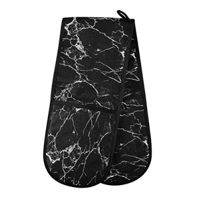 Image of TropicalLife Double Oven Glove Mitts White Line Black Marble Print Heat Resistant Pot Holders for Home Kitchen Cooking Baking Outdoor BBQ