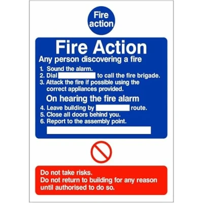 Image of Pack of 2 Fire Action Signs 150mm x 200mm Rigid Plastic (ACT.09W RP PACKOF2)