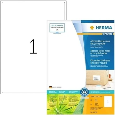 Image of HERMA Self Adhesive Recycling Labels, 1 Label per A4 Sheet, 80 Sheets, 199.6 x 289.1 mm, 100% Recycled Paper Labels Stickers, Sticky for Laser &amp; Inkjet Printer, Natural White