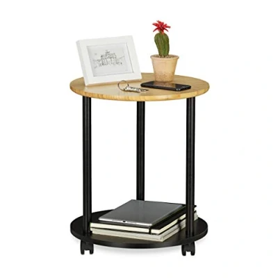 Image of Relaxdays Round Side Table, With Castors, Rolls, Modern Design, Bamboo, End Table For Living room, HxD: 49x40 cm, Black/Natural