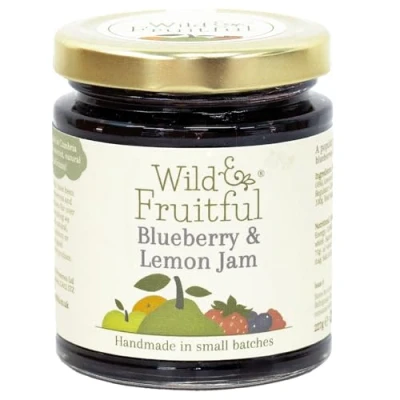 Image of Wild &amp; Fruitful Blueberry Lemon Jam 227g Jar Fresh Blueberries with Zesty Hand Made in Cumbria