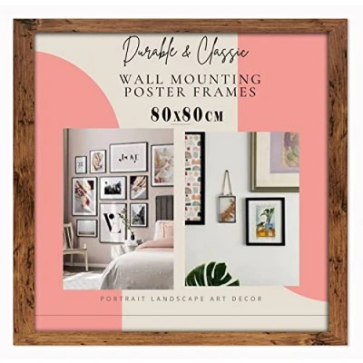 Image of Deals on deal Modern Large Square 80 X cm Wooden Picture Frame Photo Wall Art Poster Frames With Clear Perspex Safety Glass to Hang Portrait or Landscape (80X80CM, RUSTIC)