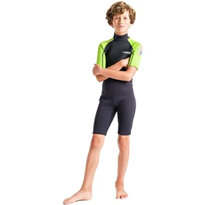 Image of 2023 C Skins Junior Element 3/2mm Back Zip Shorty Wetsuit Anthracite Lime Breathable Unisex
