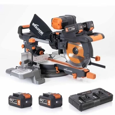 Image of Evolution Power Tools R255SMS DB Li Cordless Brushless Double Bevel Battery Sliding Mitre Saw 2x18v Ion EXT Multi Material Blade Cuts Wood Metal Plastic, 255mm Batteries &amp; Charger Included