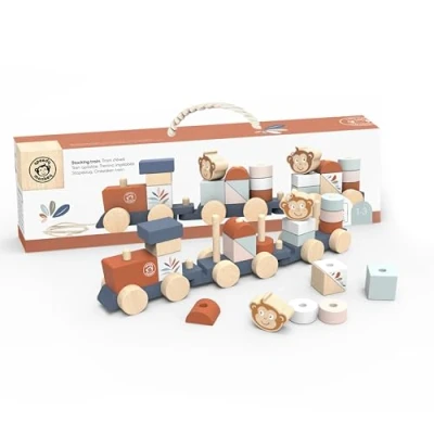 Image of peedy Monkey Wooden Train Stacker Sustainable Montessori Toys for 1 Year Old Boys &amp; Girls Cute Animal Stacking Perfect Baby Boy Gifts Girl