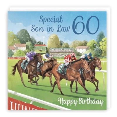 Image of Hunts England 60th Son in Law Horse Racing Birthday Card Milo&#039;s Gallery Age 60 Sport Fun For Year Old Fan Sixty