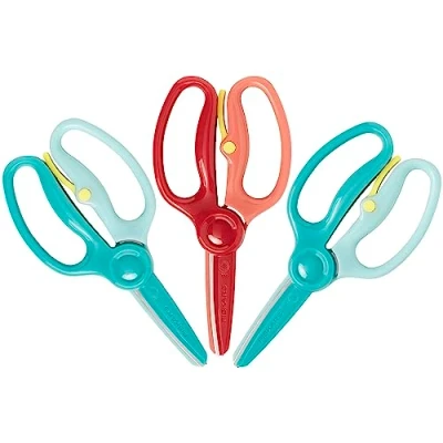 Image of Fiskars Training Scissors for Preschoolers Ages 3+ (3 Pack), Small Kids Safety with Lever, Easy to Use, Preschooler Art Supplies, Back School, Turquoise and Red