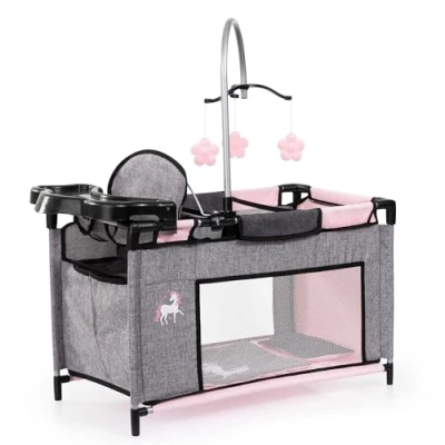 Image of Bayer Design 62633AB Doll bed with integrated high chair, changing table, mobile, jeans grey, pink