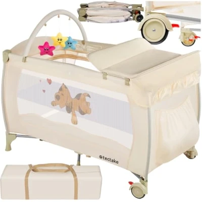Image of TecTake 800032 New Portable Child Baby Travel cot Bed playpen with entryway Carry Bag, 132 x 75 104 cm (Beige)