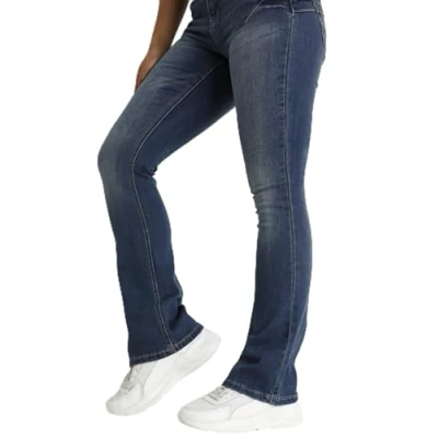 Image of Cream Women&#039;s Jeans Bootcut Legs Full Length Slim Fit Regular Waistband Jeans, Medium Blue Denim,