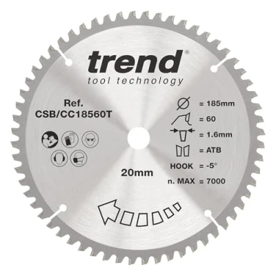Image of Trend Wood Cordless Mitre Saw Blade, 185mm Diameter, 20mm Bore, 60 Teeth, 1.6mm Kerf, 5 Hook, TCT, Extra Fine Finish, CSB/CC18560T