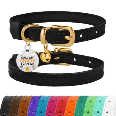 Image of BRONZEDOG Leather Cat Collar with Bells Non Breakaway Kitten QR Tag for Girl Boy (18 22 cm, Black &amp; Gold)