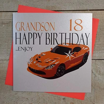 Image of white cotton cards Grandson 18 Happy Enjoy, Handmade 18th Birthday Card (Code N62 GS18, Sports Car, Orange)