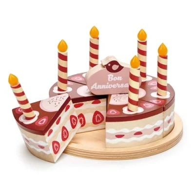 Image of Tender Leaf Toys Chocolate Birthday Cake Wooden Pretend and Strawberry Gateau with Candles …