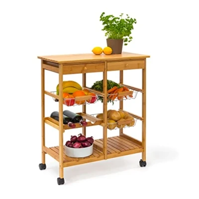 Image of Relaxdays JAMES Bamboo Serving Trolley Cart with 2 Drawers and 3 Baskets, Wheeled Wooden Kitchen Island a Shelf for Plates Wine Bottle Rack, 80 x 67 37 cm, XXL, Natural
