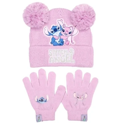 Image of Disney Lilo &amp; Stitch Winter Hat Gloves Set for Girls Warm Cosy Beanie Perfect Kids Ages 6 12 Pink