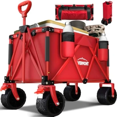 Image of Overmont Festival Camping Folding Trolley All terrain Extra Wide Wheels with 330lbs Capacity Heavy Duty Beach Wagon Cart for Garden, Shopping Adjustable Handle &amp; Drink Holders Red