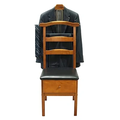 Image of TCXSSL Wooden Chair Valet With Cushion Wardrobe Suit Stand Organizer Drawer Jacket Hanger Trouser Bar And Tie &amp; Belt Floor Standing Clothes