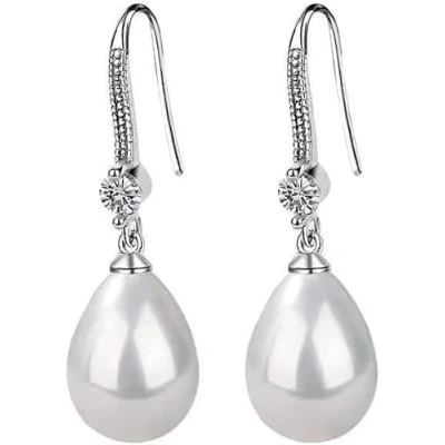 Image of ANNAVA Women&#039;s 925 Sterling Silver White Water Drop Pearl Earrings With Cubic Zirconia Crystal Diamond, Fine Jewelry Gifts for Women (JEE 002)