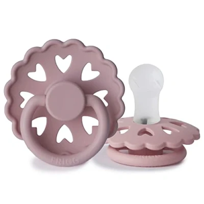 Image of FRIGG Fairytale Silicone Pacifier Pack of 2 Soother Dummy BPA Free Made in Denmark Symmetrical Cherry Shaped Nipple (Twilight Mauve/Primrose (0 6 Months))