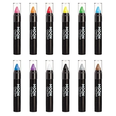 Image of Moon Creations Face Paint Stick Body Crayons Set of 12 3.2g Sweat Proof &amp; Water Resistant Cruelty Free, Made in UK For Kids, Adults, Fancy Dress, Festivals, Halloween