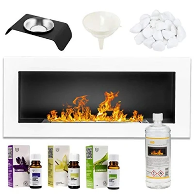 Image of GMT Bioethanol Eco Smokeless Fireplace White 90x40cm Indoor Decorative Wall mounted or recessed Fire Heater Chimney Modern Frame Design Easy to Mount with Bio Liquid Fuel &amp; Stones Aroma Oils
