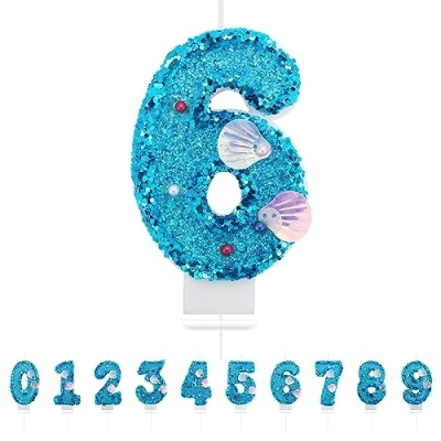 Image of Number 6 Candle,Blue Mermaid Birthday Candles for Girl,Cake Topper Decoration Girls Party