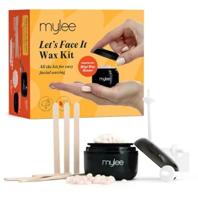 Image of Mylee Let’s Face It Wax Kit Professional Facial Waxing with Black Mini Heater, 50g Precision Beads (Peach &amp; Chamomile), Wooden Spatulas, Ear Nose Applicators USB Cable