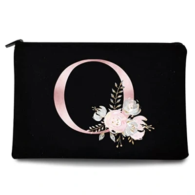 Image of 26 Letter Printed Zip Canvas Pouch Makeup Bag Make Up Bag, Cosmetic Travel Bag,Toiletry Bag,Organizer Bags,Toiletry Bags, Bride Bridesmaid Bag,Pencil Bag,Wash Bag,Coin Purse (Pink Flower O)