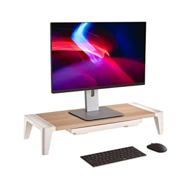 Image of Properav Universal Computer Monitor Desk Riser Stand with Drawer Storage for PC TV Laptop Wood Effect