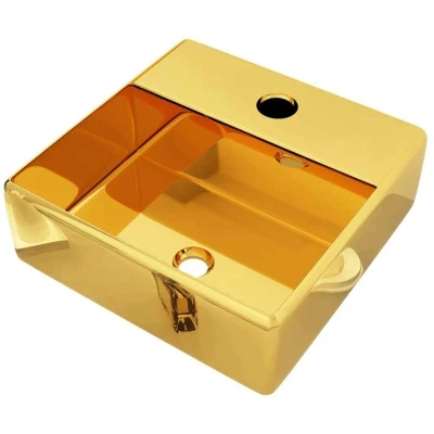 Image of vidaXL Ceramic Gold Wash Basin 38X30X11.5CM, Above Counter or Wall Hung Installation, Faucet Hole Included, Easy to Clean