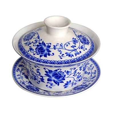 Image of honeylive Gaiwan Chinese 150ml 200ml Sancai tureen Tray Cup Blue White Porcelain Saucer Lid (simple A 5oz)